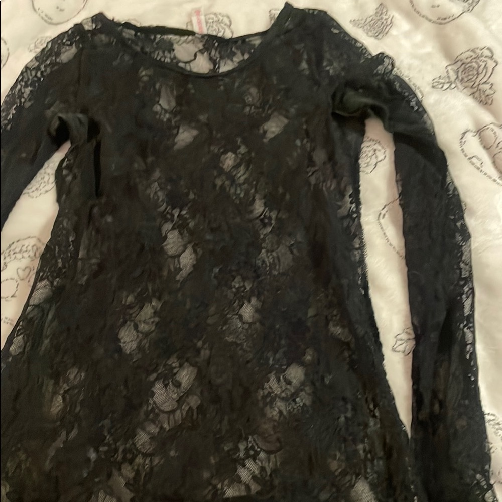 Black Lace Long Sleeve Sheer Top